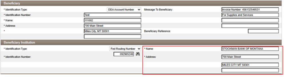Beneficiary Institution Address field