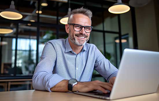 Happy mature business man on laptop